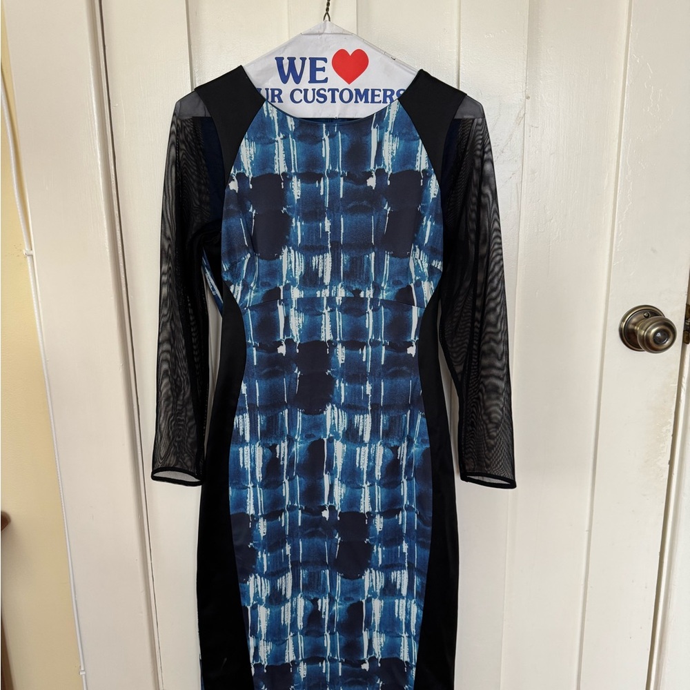 Blue Patterned Dress with Sheer Sleeves
